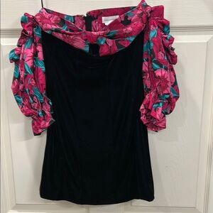 Lovers + Friends Flutter Sleeve Ruffled Black Velvet Dress with Pink and Green
